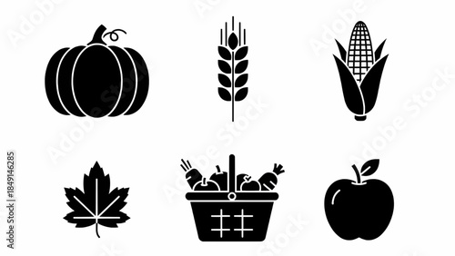 Black and white illustrated image of assorted harvest elements, a pumpkin, wheat, corn, maple leaf, basket of assorted vegetables and an apple