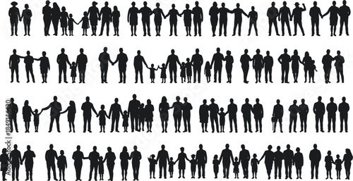 Family silhouettes, diverse groupings, adults and children, holding hands, black and white, unity, relationships, minimal design, social theme, demographic