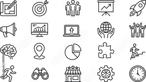 Business strategy icon set illustration, startup marketing growth analytics teamwork leadership planning success line icons collection vector management goals productivity