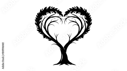 Elegant black silhouette of a heart-shaped tree with intricate branches and leafy adornments