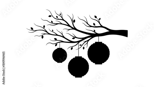 Minimalist Black and White Tree with Hanging Spherical Ornaments Illustration