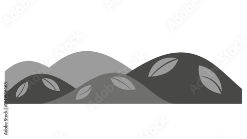 Minimalistic grayscale mountain landscape with stylized smooth peaks and scattered leaves