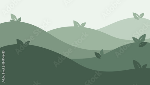 Minimalistic Illustration of Rolling Hills with Small Leafy Plants in Soft Green Tones