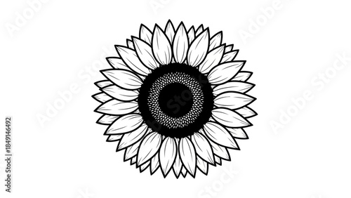 Intricate black and white sunflower illustration with detailed petal art and circular center