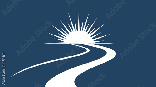 Minimalist Representation of a Sunset or Sunrise Over a Winding Path with Radial Sunburst Design