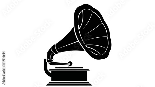 Silhouette of a vintage gramophone with a large horn and turntable in black and white art style