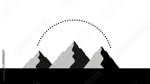 Minimalist Mountain Range with Dotted Arc Over Peaks in Black and White
