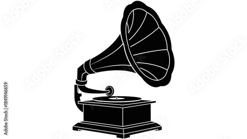 Silhouette of vintage gramophone with large horn and turntable in black and white