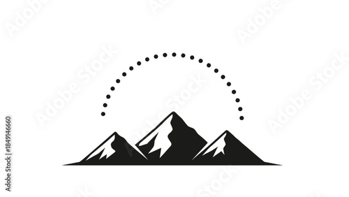 Minimalist Mountain Landscape with Arc and Dot Pattern in Monochrome Design