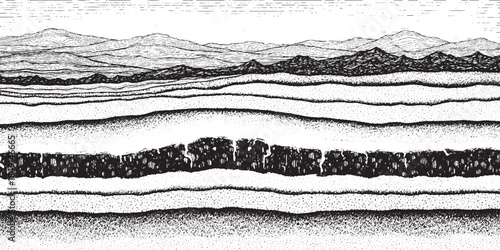 Cross section of earth layers showing geological strata and mountain range.
