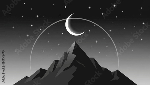Minimalist monochrome mountain landscape with a crescent moon and starry night sky for serene