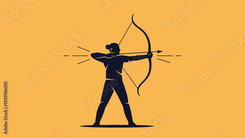 Minimalist silhouette of an archer in a focused stance drawing a bow on a warm background