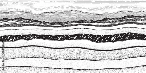 Cross section of geological strata showing layers of rock and soil.