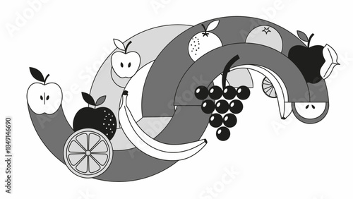 Creative Illustration of Various Fruits Arranged in a Dynamic Composition with Bright Highlights