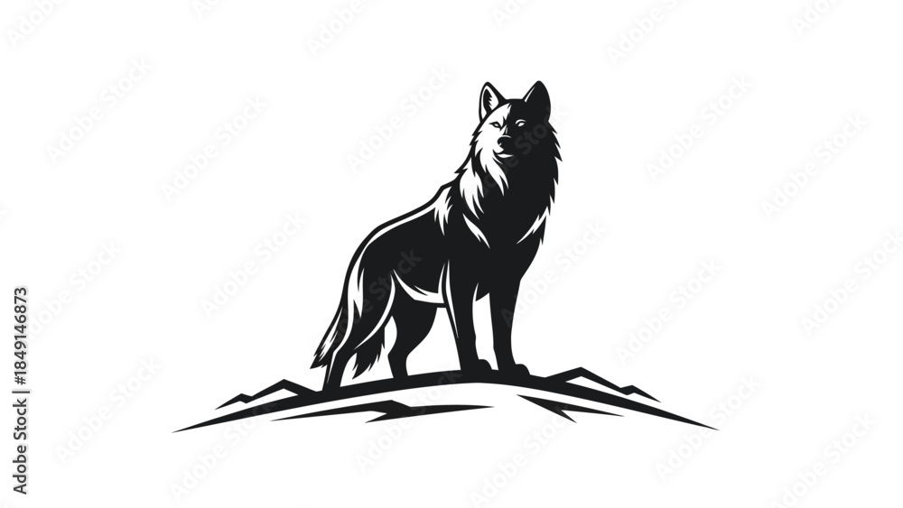 Fototapeta premium Majestic black wolf standing atop rocky terrain with alert stance and piercing gaze capturing