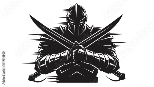 Dark warrior with crossed swords in silhouette emphasizing strength and mystery