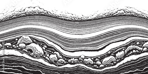 Crosssection of geological strata showing layers and rock formations.