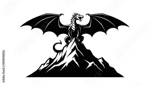 Majestic dragon perched atop a rugged mountain peak beneath expansive wings in striking black and