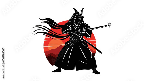 Stylized warrior figure with a spear and flowing hair set against a red sun background