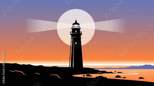 Silhouetted lighthouse shining bright beams during vibrant sunset sky with coastal landscape