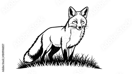 Stylized black and white illustration of a fox standing in grass with detailed fur and alert