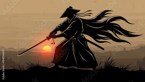 Mystical warrior at sunset wielding a katana with flowing hair and traditional attire