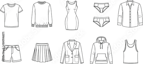 Vector black silhouette icon set of casual and formal fashion apparel including t-shirt trousers hoodie dress and blazer