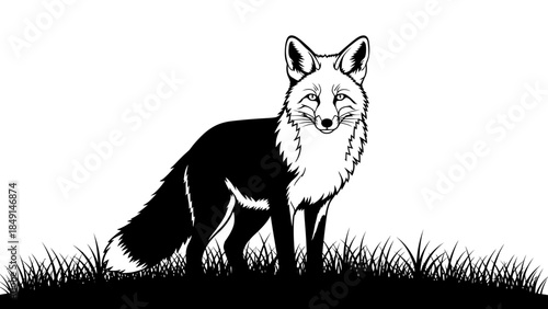 Stylized Black and White Illustration of a Wise Fox Standing in Tall Grass Under Clear Sky