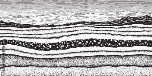 Detailed cross section of geological strata and textured layers in monochrome.