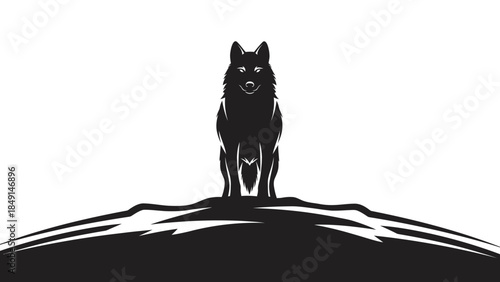 Silhouette of a Lone Howling Wolf Standing on a Mountain Peak Against a Stark White Background