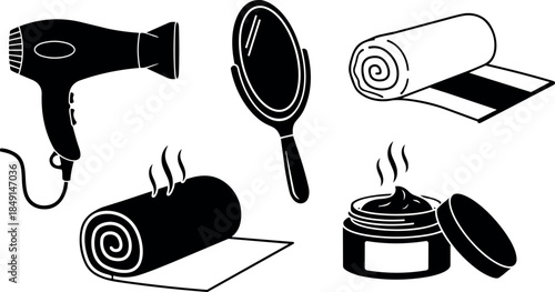 Black and white line art hair dryer mirror rolled towel and opened jar of cream beauty essentials set