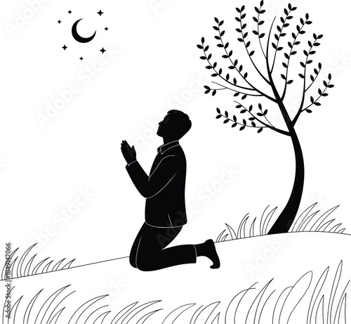 Man praying under moon silhouette vector illustration standing near grass and tree at night in full length for muslim prayer
