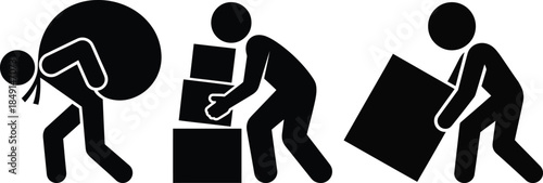 Three stick figures illustrating different postures and methods for lifting and carrying items manually