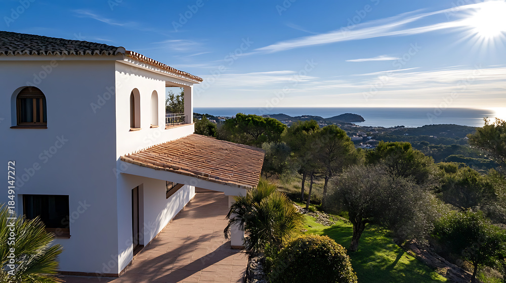 Obraz premium Aerial view of a two-story white house with red tile roof, set against a backdrop of lush greenery, a scenic coastline, and a serene blue sea under a clear sky on a sunny day.