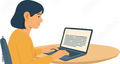 A flat-style illustration shows a woman sitting at a desk and typing on a laptop, focused on her work in a calm, modern workspace.
