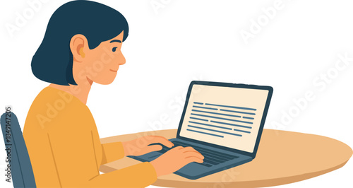 A flat-style illustration shows a woman sitting at a desk and typing on a laptop, focused on her work in a calm, modern workspace.