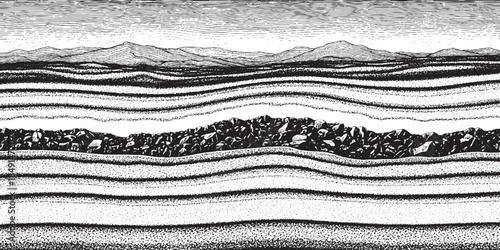 Geological cross section showing layers of rock and sediment.