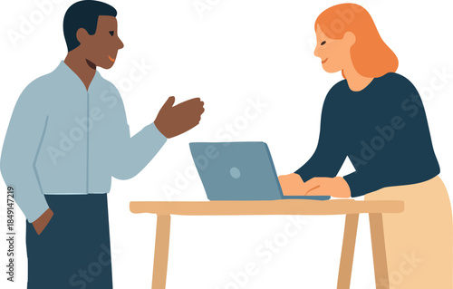 A flat-style illustration shows two colleagues discussing work at a table, with one person gesturing while the other types on a laptop in a friendly collaborative setting.