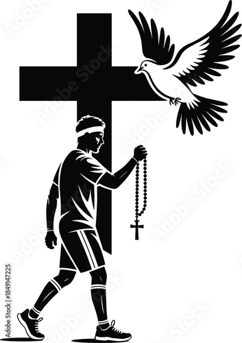 Man with rosary cross on hand silhouette vector illustration with dove and cross on transparent background for sport faith belief