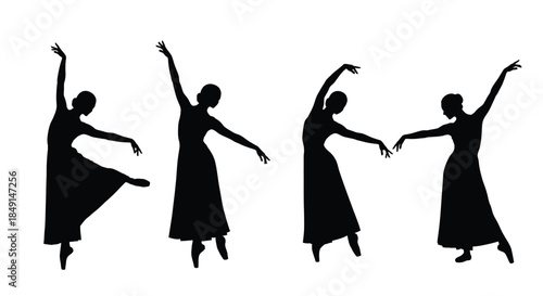 Silhouettes of four women in dynamic dance poses graceful and fluid motion