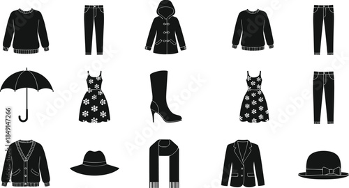 Vector flat icon set of winter and autumn fashion apparel including sweaters dresses coats hats boots scarf and umbrella