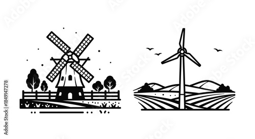 Windmills and wind turbine illustrations set against a rural landscape backdrop