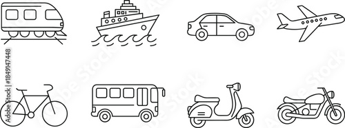 Title Minimalist line art vector icon set of transport vehicles including airplane train car ship bus motorcycle bike and scooter