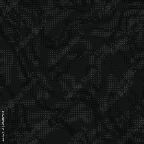 
Digital black camouflage, pixel pattern. Urban clothing style, masking dotty camo repeat print. Vector texture