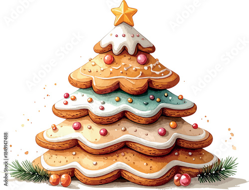 A whimsical illustrated gingerbread Christmas tree decorated with icing, colorful candy ornaments, and a golden star topper against