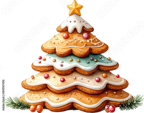 A whimsical illustrated gingerbread Christmas tree decorated with icing, colorful candy ornaments, and a golden star topper against