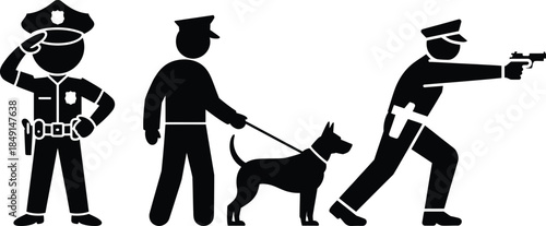 Set of three pictograms illustrating different roles and actions of police officers