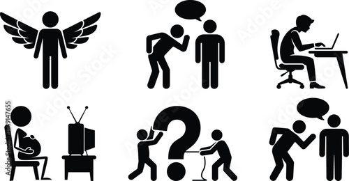 Vector illustration of a business team and runners featuring a man and woman silhouette including a person with a gift symbol representing evolution and competition in a group action design
