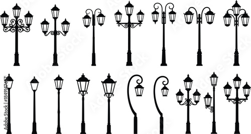 Collection of vintage street lamp silhouettes and antique outdoor park lantern post vector icons isolated on white background for city design