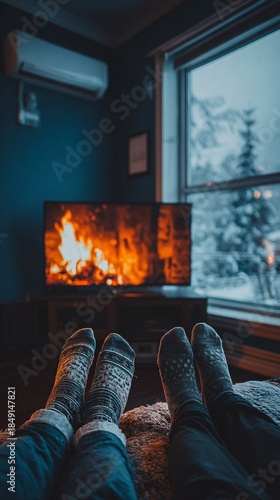 Cozy winter evening by the fireplace, enjoying the warmth of a crackling fire while snow gently falls outside the window, creating a serene atmosphere.